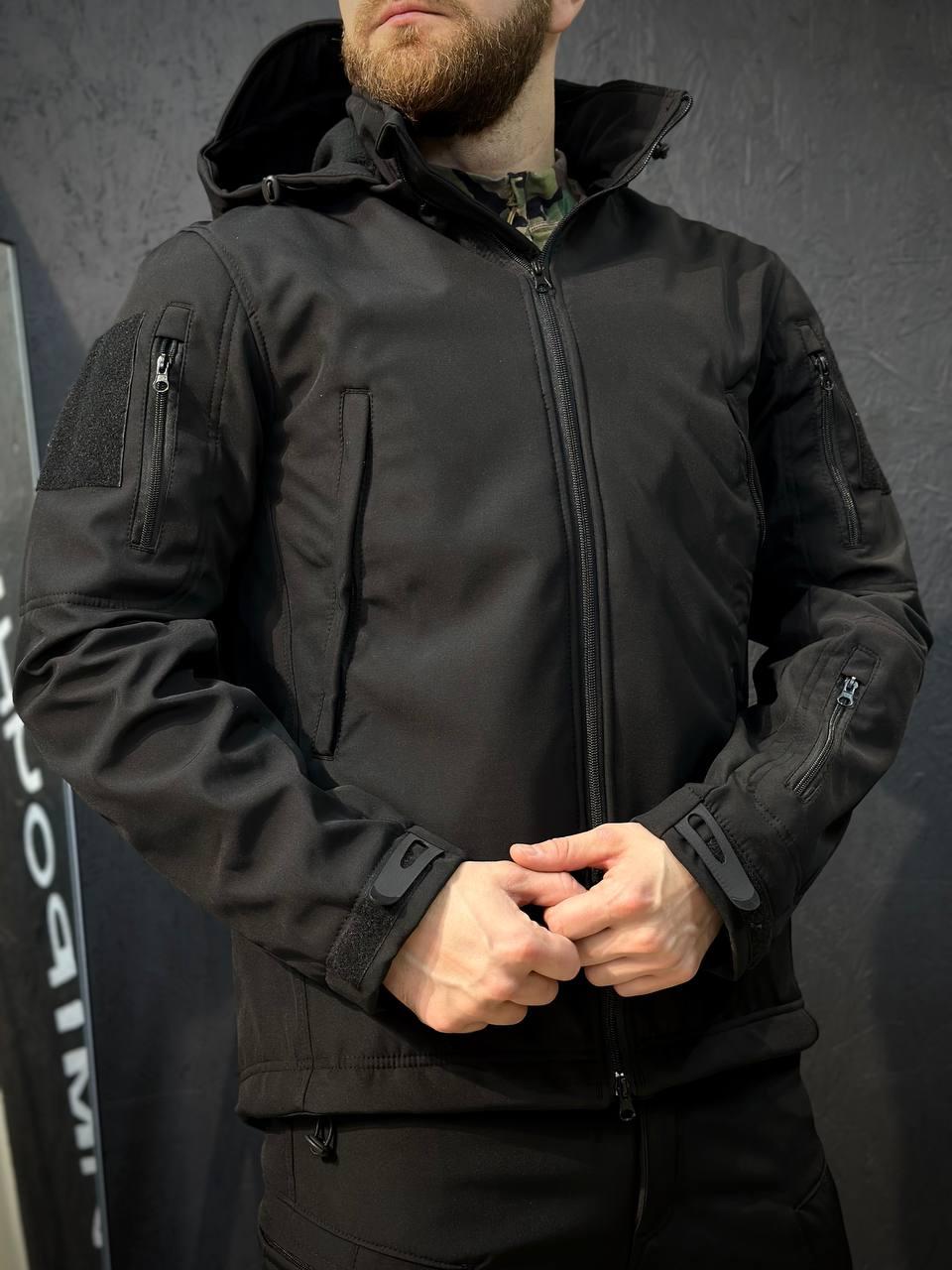 Костюм Тактичний Посилений Soft Shell Чорний Black Знімний капюшон - Зображення 8