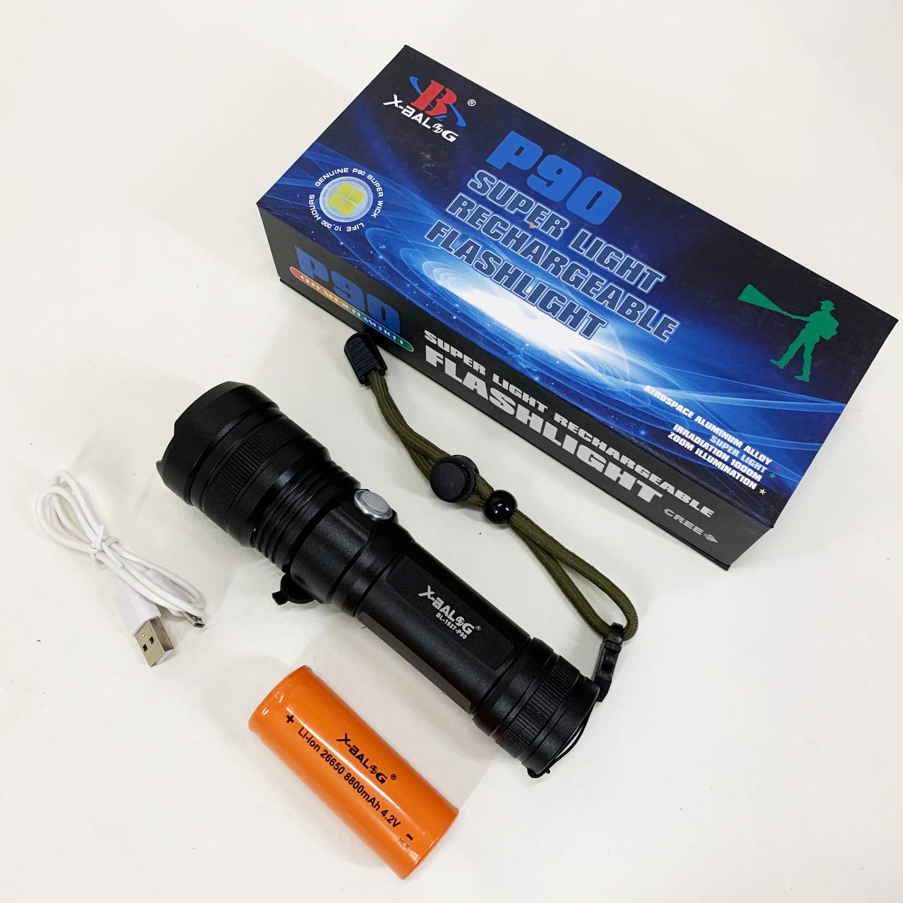 Ручний акумуляторний світлодіодний ліхтар Police X-Balog BL-1827-P90 переносний з USB заряджанням оптичним зумом і металевим корпусом + ремінець на руку - Зображення 6