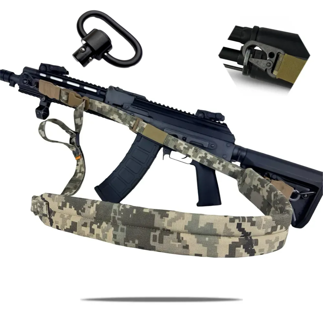 Ремінь трьохточковий з металевими карабінами H&K 2 шт та разом QD антабками 2 шт  з широким ременем 6 см Піксель