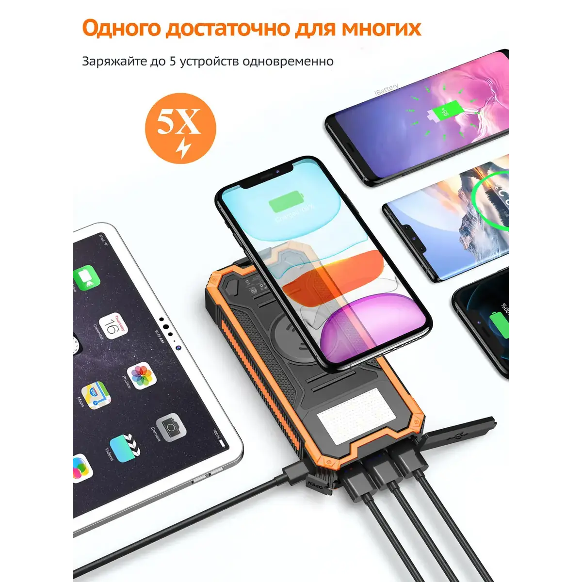 Зарядний пристрій на сонячних батареях iBattery YD-888KW 30000mAh з ліхтариком та бездротовою зарядкою - Зображення 7