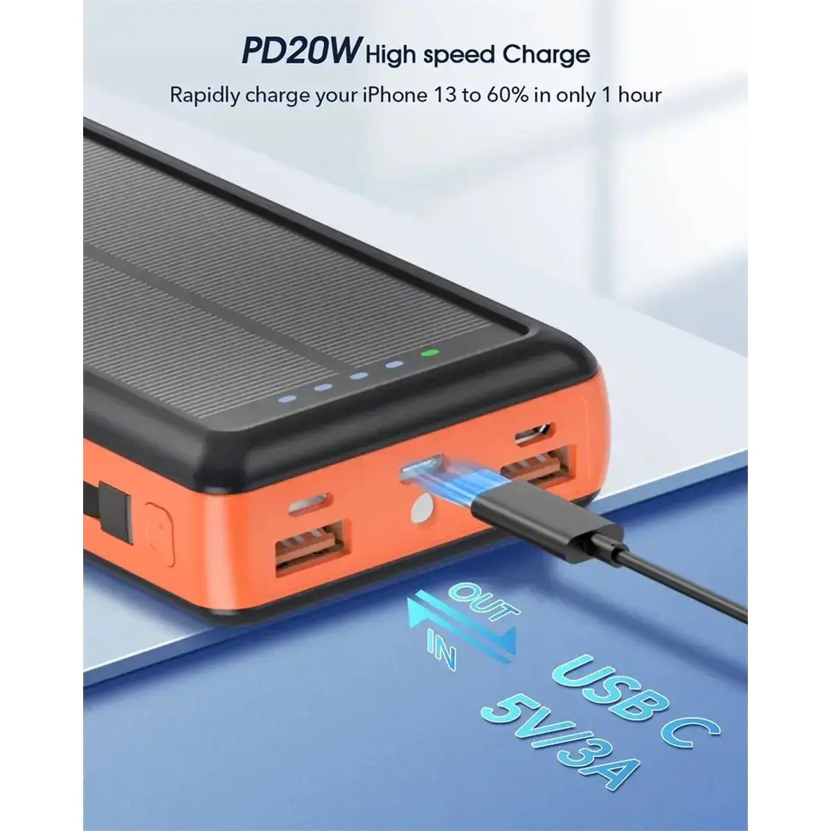 Зарядний пристрій на сонячних батареях Powerbank 619S 20000mAh із ліхтариком та швидкою зарядкою - Зображення 5