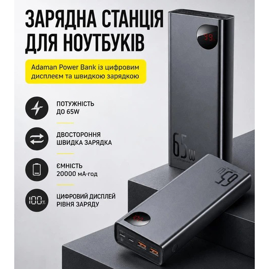 Павербанк 20000 mAh 65W для ноутбука зі швидкою зарядкою Power Bank Baseus Портативний зарядний пристрій - Зображення 2